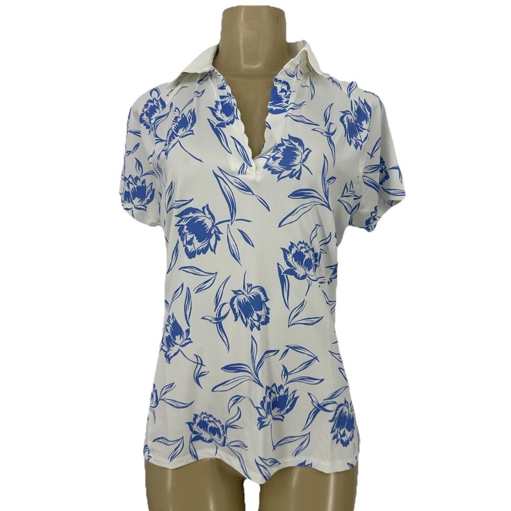 Ralph Lauren White Short Sleeve Polo Top with Blue Floral Print